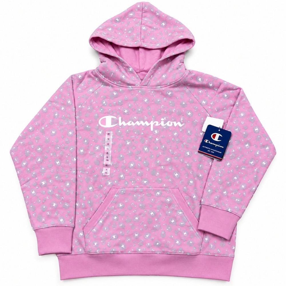Champion Leopard Print Girls Hoodie L Pink Ice Cake Cotton Blend Pullover